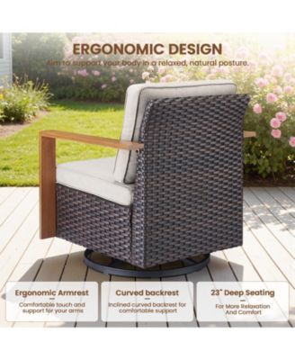 5-piece patio set with 4 swivel rattan chairs, thick cushions, and a 30-inch propane fire pit table for cozy outdoor gatherings.