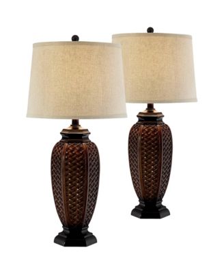 Tropical Table Lamps 29" Tall Set of 2 Weathered Brown Woven Wicker Jar Linen Drum Shade for Living Room Family Bedroom