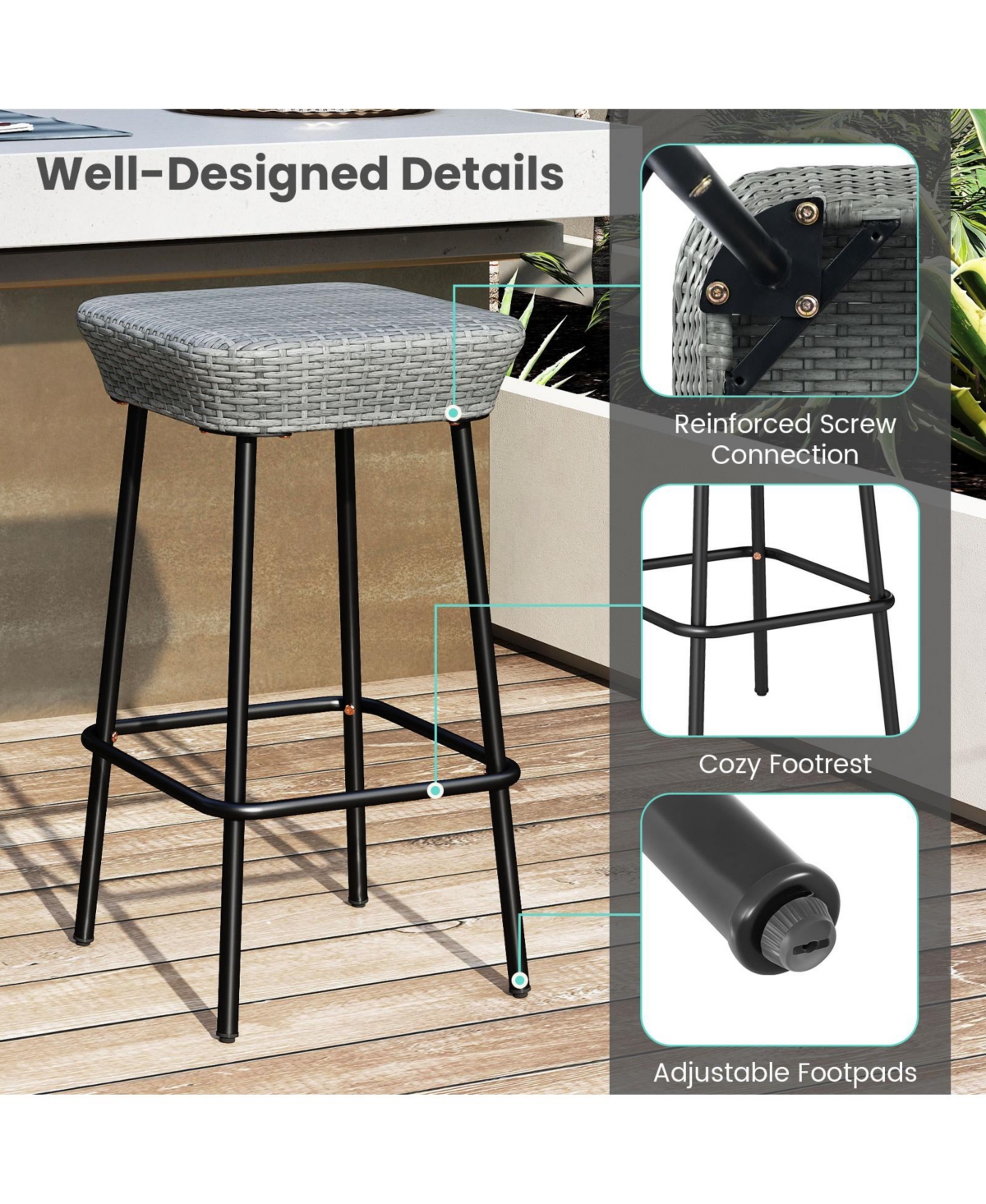 Sugift 29.5 in Patio Bar Stools Set of Two with Rattan Seat