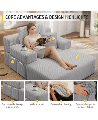 Plush Corduroy Convertible Chaise Chair, Sofa Bed with Storage Pocket and 3 Pillows, Frameless Design and Compression Foam for Living Room