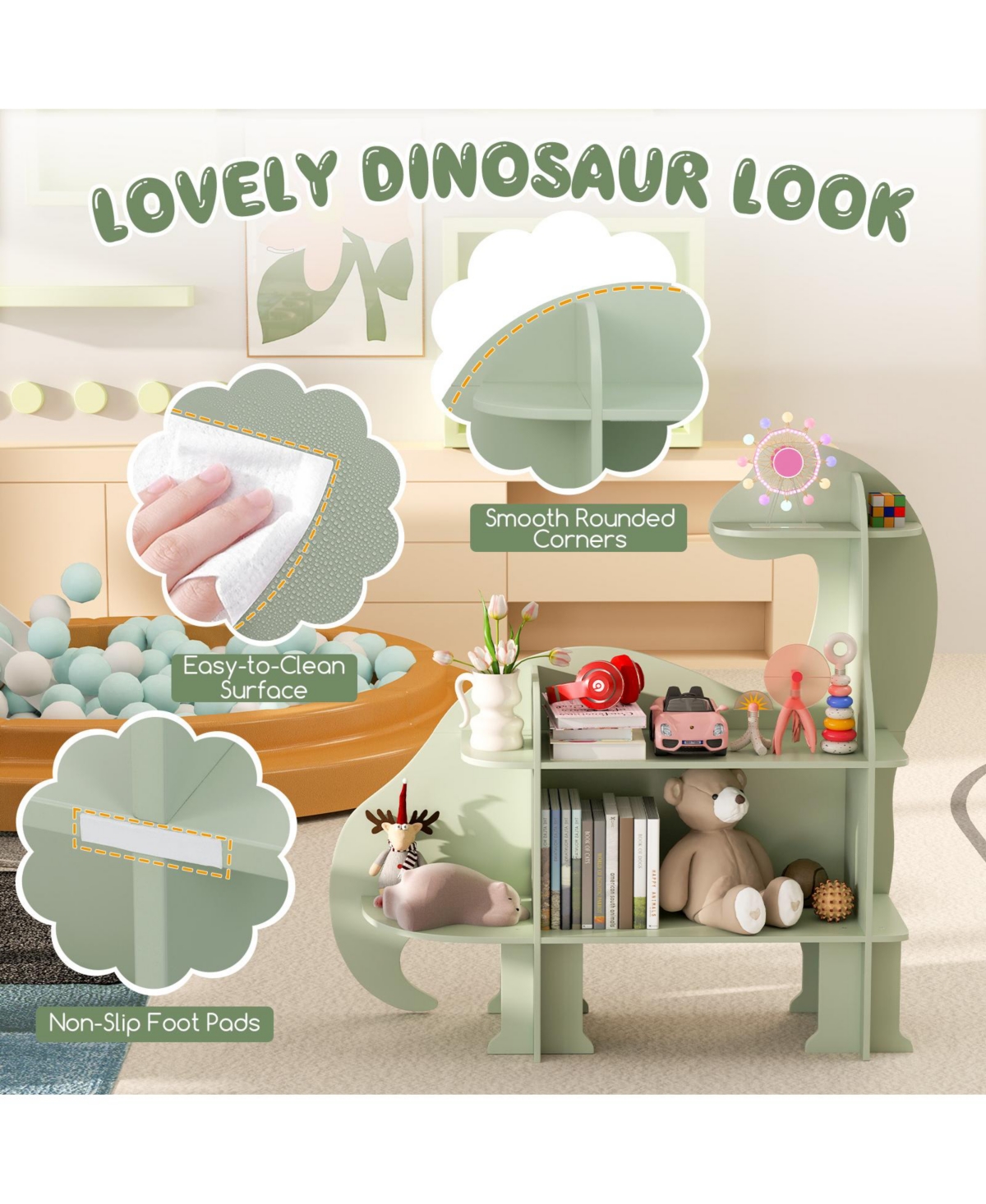 Sugift 3 Tier Dinosaur Kids Bookshelf for Children Bedroom