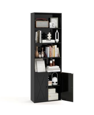 Tall Freestanding Bookshelf with Cabinet and Open Shelves