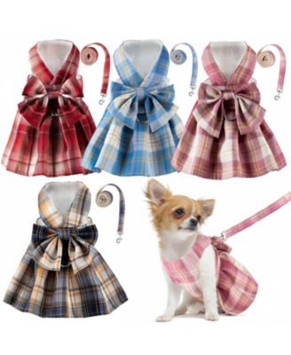 4 Cute Plaid Dog Dress Set with Bow Tie Harness Leash for Small Dogs Puppy Clothes Outfits
