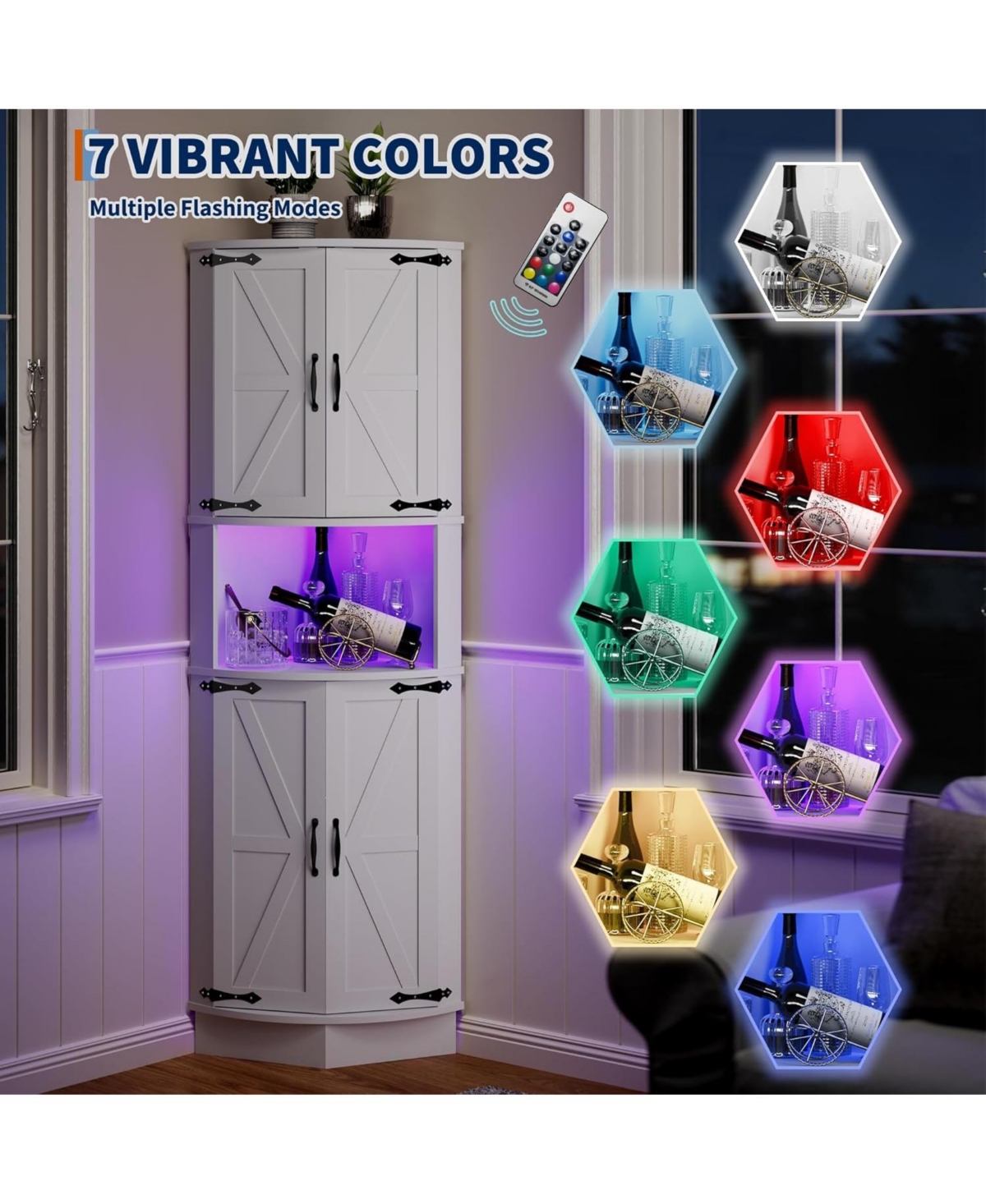 gaomon 64.6" Farmhouse Corner Cabinet with Led Light, Tall Bathroom Cabinet with 4 Barn Doors and 5 Tier Shelves, Freestanding Corner Bar Cabinet