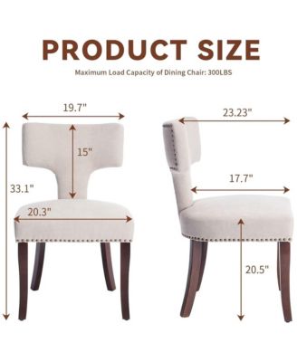 Modern Wooden Dining Chairs Set of 2 - Linen Upholstered Kitchen Chairs with Curved Backrest, Copper Nails for Dining Room
