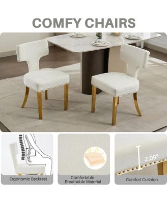 Dining Chairs Set of 2 - Chenille Fabric Upholstered Kitchen Chairs with Curved Backrest, Golden Stainless Steel Legs for Dining Room