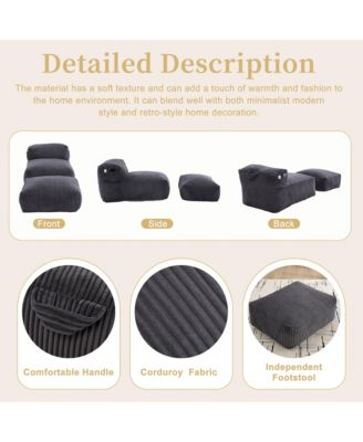 Corduroy Bean Bag Chair with Ottoman - Big Beanbag Chair with Side Pockets and Memory Foam Filler, Lazy Floor Lounge Bed for Living Room