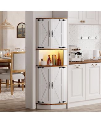 64.6" Farmhouse Corner Cabinet with LED Light, Tall Bathroom Cabinet with 4 Barn Doors and 5 Tier Shelves, Freestanding Corner Bar Cabinet