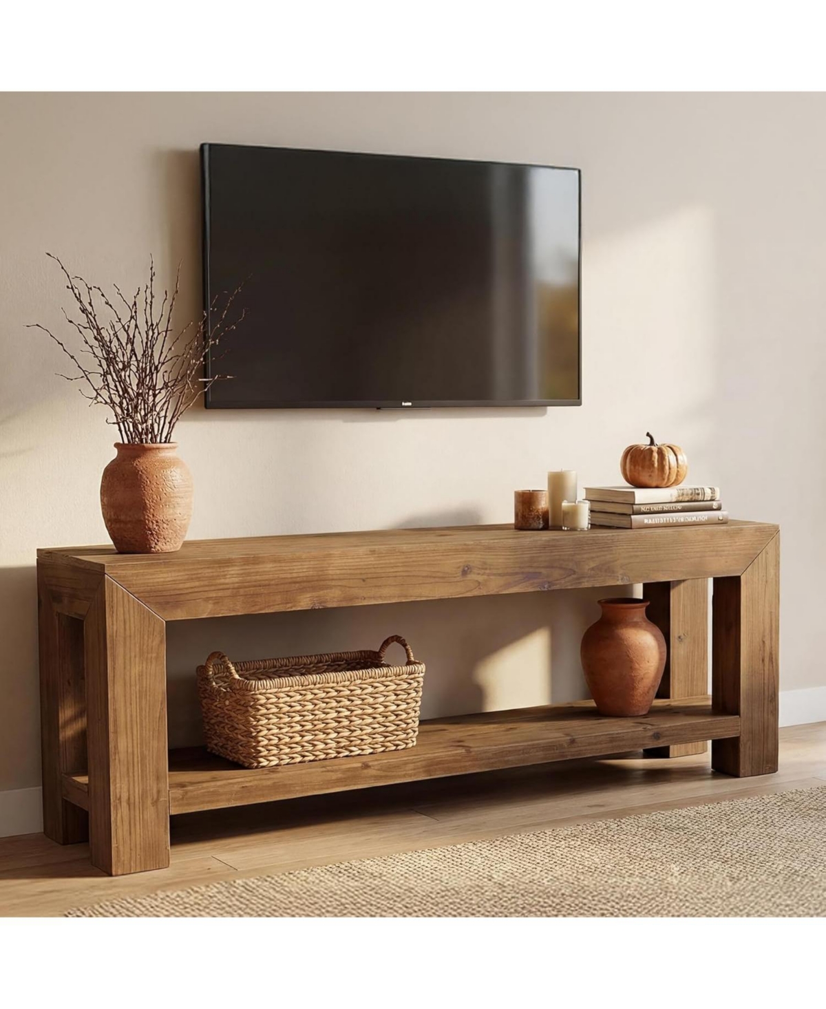 Tribesigns Solid Wood Tv Stand for Tvs up to 75'', 63" TV Console Entertainment Center with Open Storage Shelves