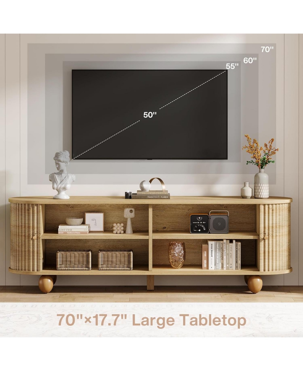 Tribesigns Farmhouse Fluted Tv Stand with Storage Shelves and Sliding Doors, 70" Extra Long Media Console for TVs up to 65+ Inches