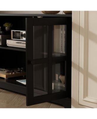 TV stand with top cabinets, entertainment center with tempered glass doors, wooden media console