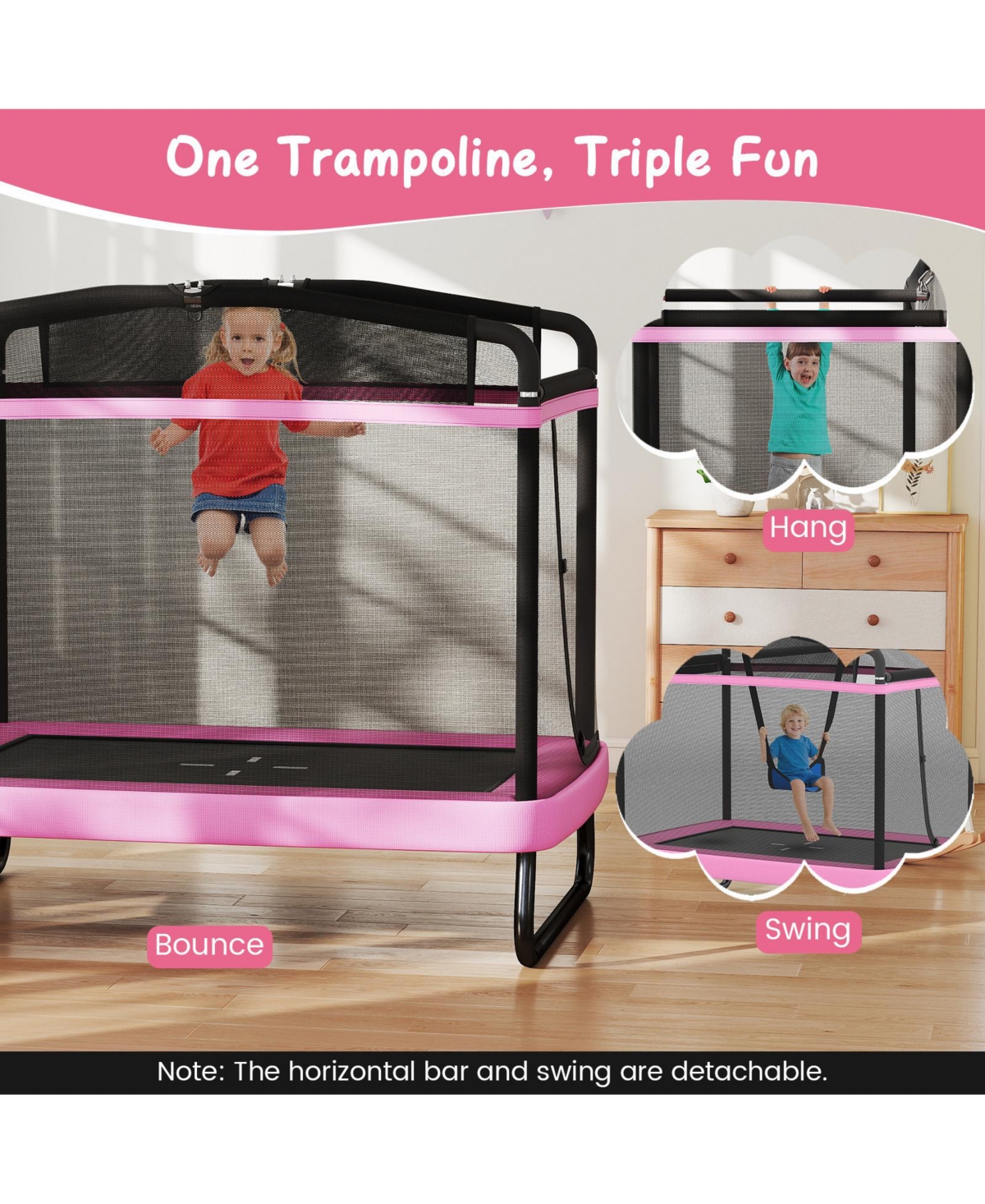 Gymax 6 Ft Kids Trampoline w/Swing and Horizontal Bar Safety Enclosure Net