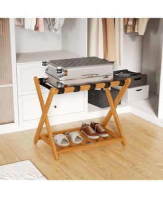 Set of Two Folding Luggage Racks with Straps and Shelf