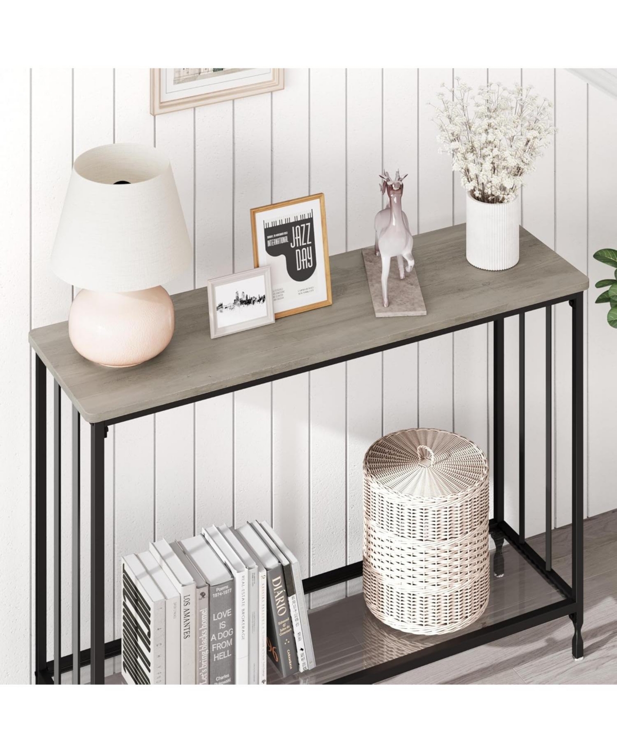 gaomon Industrial Console Table, Behind Couch Table with Glass Shelf, Narrow Metal Frame Hallway Table, Entryway, Living, Bedroom
