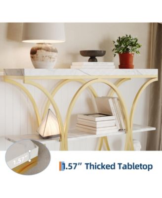 39" Narrow Console Table for Entryway, Industrial 3-Tier Sofa Table, Round Metal Base, Storage Shelves