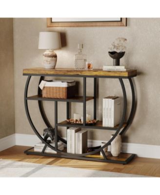 39" Farmhouse Entryway Table with Storage, 4-Tier Wooden Console, Metal Geometric Frame, Space-Saving