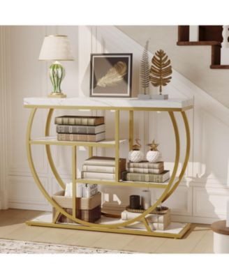 Modern 39" Console Table, 4-Tier Narrow Entryway with Storage Shelves, Marble Top, Metal Geometric Frame