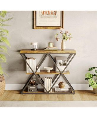 Industrial 3-Tier Entryway Table, Double X Metal Frames, 2 Storage Shelves, Rustic Wood, Living Room or Hallway