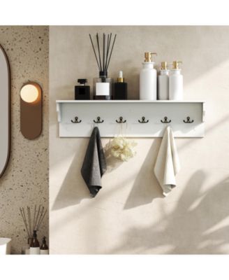 Wall Mounted Wooden Coat Rack with Shelf and Six Hooks