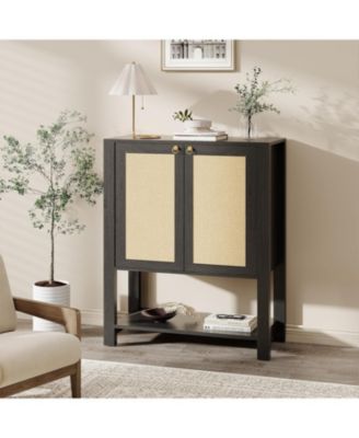 Rattan Shoe Cabinet for Entryway, 5-Tier Farmhouse Organizer Rack Narrow Shoe Storage Cabinet with 2 Doors and Open Shelf for Foyer Hallway