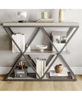 Industrial 3-Tier Entryway Table, Double X Metal Frames, 2 Storage Shelves, Rustic Wood, Living Room or Hallway