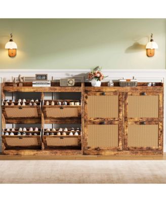 Rattan Wooden Shoe Cabinet with 4 Flip Drawers and Adjustable Shelves