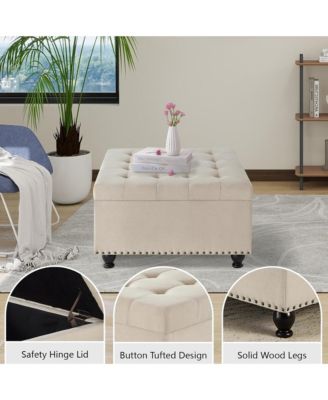 Square Storage Ottoman - Upholstered Button Tufted, wooden legs and Nail Trims for Living Room, Bedroom