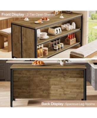 62.99" Kitchen Island with Storage and Seating - Farmhouse Stationary Island Table, Large Countertop and Sturdy Metal Frame