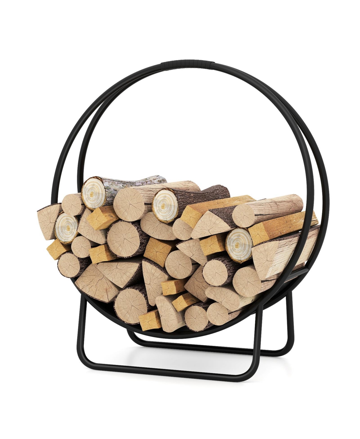 Sugift Firewood Log Hoop 20 Inch Round Heavy-duty Metal Curved Log Rack with Stand - Black