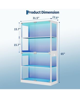 Glass Display Cabinet 4-Tier, Curio Cabinets with Glass Doors, Storage Cabinet with 3 Color Lights, Human Body Sensor & Charging Ports