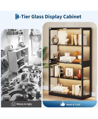 Glass Display Cabinet 4-Tier, Curio Cabinets with Glass Doors, Storage Cabinet with 3 Color Lights, Human Body Sensor & Charging Ports