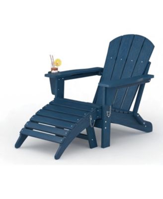 Folding Adirondack Chair Set of 2 with Ottoman, All-Weather Outdoor Chair, Wooden Textured with Cup Holder for patios, Decks, Gardens.