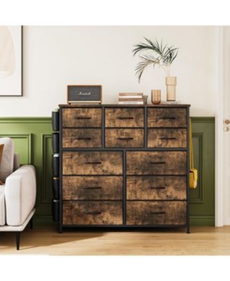 12 Drawer Fabric Dresser with Side Pockets & Hooks Tall Storage Chest with Sturdy Steel Frame, Wooden Top, Easy Pull Handles