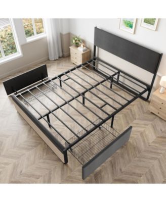 Platform Bed Frame Upholstered Headboard with 2 Large Drawers Metal Slats No Noise No Box Spring Easy Assembly