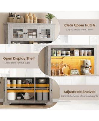 68.7" Coffee Bar Cabinet with LED Light & Power Outlet, Farmhouse Kitchen Hutch with 2 Storage Drawers, Wine Glass Rack, Adjustable Shelves