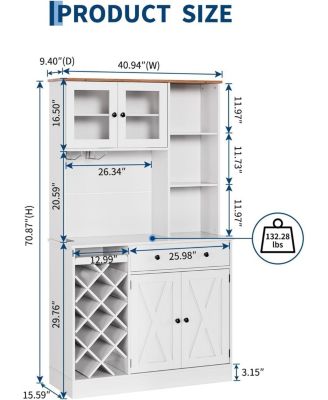 Coffee Bar Cabinet with Power Outlet & Exquisite Barn Doors, Sideboard Buffet Cabinet with Wine Bottle Rack, Storage Cabinet for Kitchen