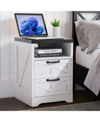 Modern Farmhouse Nightstand - USB & Outlet Charging Station for Bedroom, 2 Drawer Industrial Bedside Table with Storage