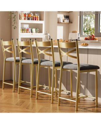 Set of 4 Gold 22" Bar Stools, Counter Height, PU Upholstered Seat, Metal Frame, X-Back, for Kitchen Island, Dining Room
