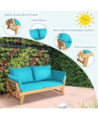 Adjustable Patio Sofa Daybed Acacia Wood Furniture w/  Cushion