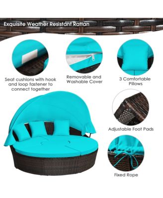 Cushioned Patio Rattan Round Daybed w/ Adjustable Table 3 Pillows