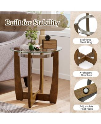 24 Inches Round Side Table with Tempered Glass Top and Solid Rubber Wood Base-Walnut