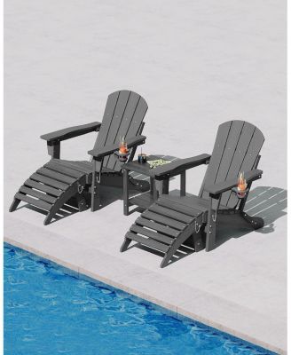 Folding Adirondack Chair Set of 2 with Ottoman, All-Weather HDPE Outdoor Chair, Wooden Textured with Cup Holder for patios, Decks
