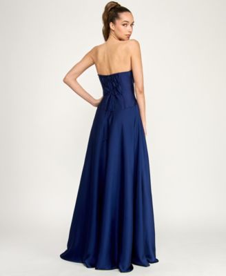 Juniors' Strapless V-Detail Polyester Slit Skirt Gown