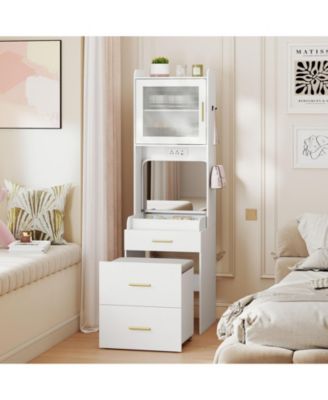 Makeup Vanity with Power Outlets and Flip-top Mirror and Storage Stool
