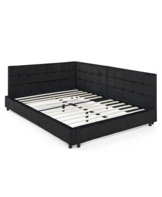 Full Size Velvet Upholstered Daybed Black Mid Century Backrest Armrest Eucalyptus Wood