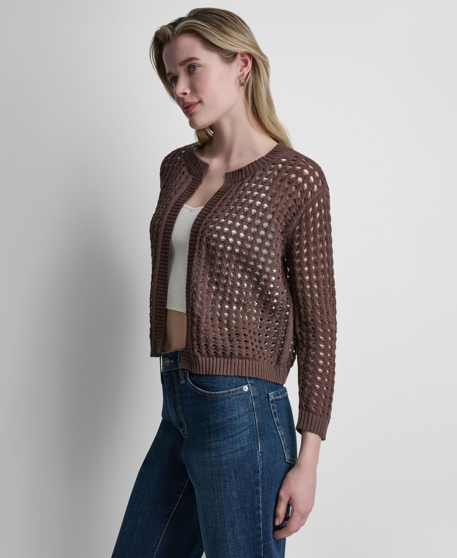 Women's Open-Stitch Drop-Shoulder Cardigan Sweater