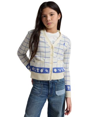 Girls' 7-16 Windowpane V-Neck Cardigan