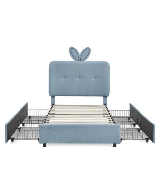 Boucle Twin Size Kids Bed Frame, Upholstered Platform Bed with 4 Storage Drawers, LED Lights and Cute Rabbit Ear Headboard for Boys Girls