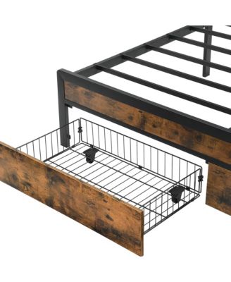 King Size Metal Bed Frame with Storage Drawers, Charging Station, LED Lights and Upholstered Headboard, Sturdy Platform Bed for Bedroom