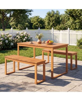 Acacia Wood Outdoor Garden Bench Set of 2 with Slatted Seat for Front Porch